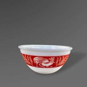 Hazel Atlas Red Rooster Chicken Band Mixing Bowl 8 1/4 Inch Mid Century READ